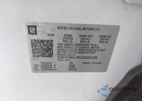 2018 GMC Acadia Slt-1 z USA, uszkodzony, nr VIN 1GKKNMLSXJZ221136